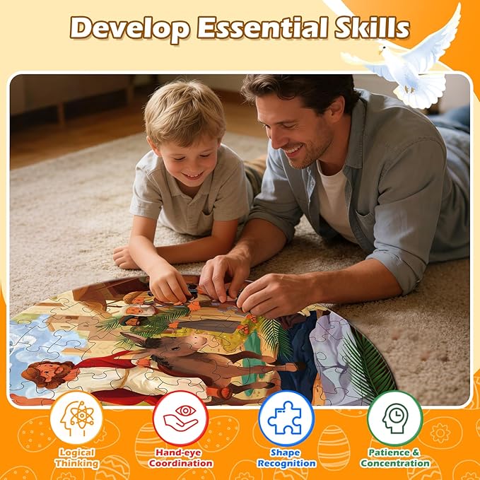 Christian Easter Gifts for Kids 70 Piece Jesus Floor Puzzles for Kid Easter Basket Stuffers Christian Educational Toy for Sunday School Holy Week Palm Sunday Gift Boys Girls Ages 3-8