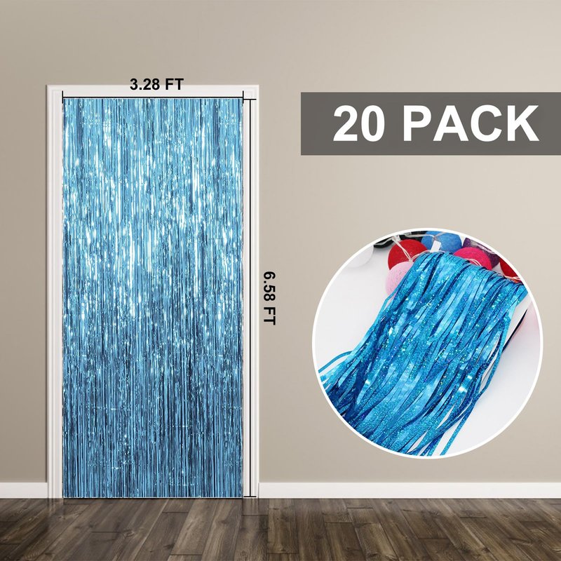 20 Pack Foil Curtain Backdrop Blue Metallic Tinsel Foil Fringe Curtains Photo Booth Props for Birthday Wedding Engagement Baby Shower Bachelorette Christmas Holiday Celebration Party Decorations