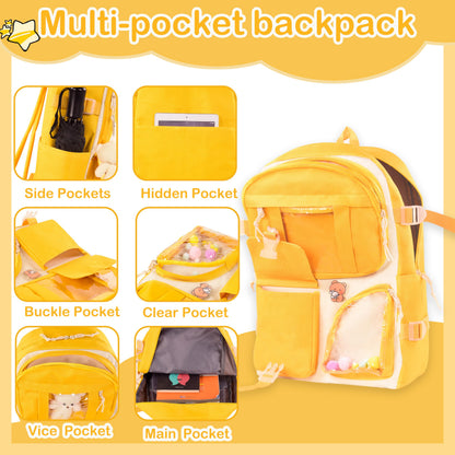 Lifelix Kawaii Backpack for Girls 5 Pcs School Bookbag Cuet Kids Schoolbag with Accessories Crossbody Bags Pencil Case Handbag Coin Purse (Yellow)