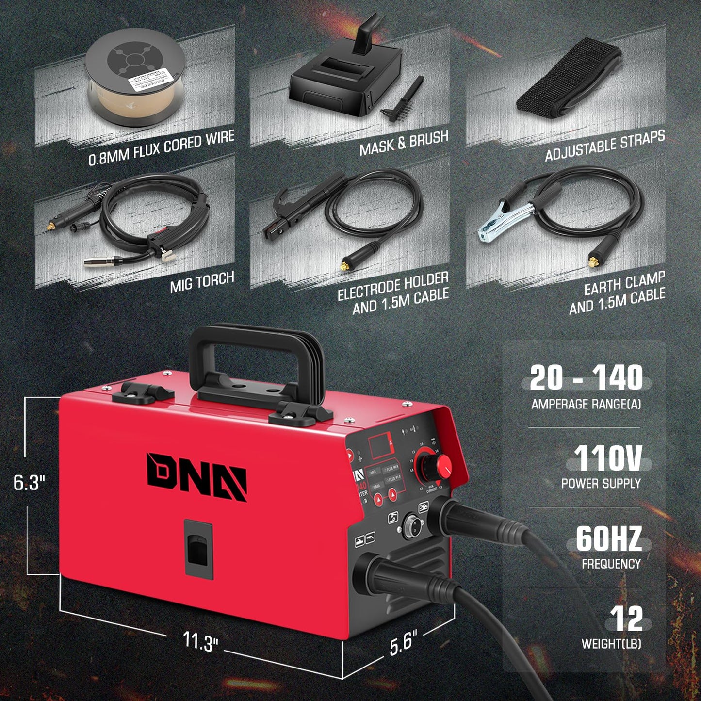 DNA Motoring 140A Portable MIG Welder, 110V Flux Core Welder, 2-in-1 Stick MMA/Flux MIG Welding Machine IGBT Inverter, Automatic Wire Feeding Welder Machine, w/LED Digital Display, TOOLS-00714-RD