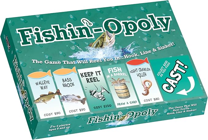 Late for the Sky Fishin'-Opoly Fishing Board Game for Families 2–6 Players Ages 8+ Funny Property Trading Strategy Game Great Gift for Anglers