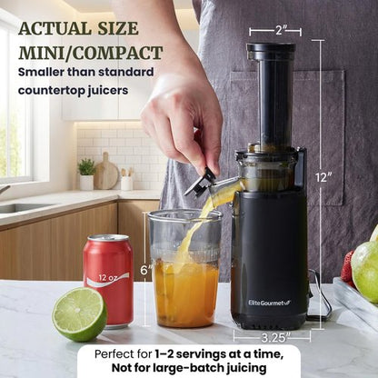 Elite Gourmet EJX600 Mini Compact Small Space-Saving Masticating Slow Juicer Cold Press Juice Extractor, Nutrient and Vitamin Dense, BPA-Free Tritan, Easy to Clean, 16 oz Juice Cup, Charcoal Grey
