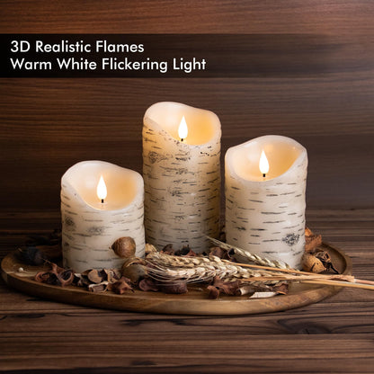 Fanna Set of 3 Flameless LED Birch Bark Candles with Timer, Battery Operated Wax Candles with Remote for Christmas, 6 Batteries Included - H 4"/5"/6"