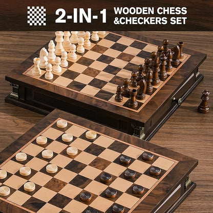 Peradix Magnetic Chess Set with 2 Built-in Storage Drawers 12 inch Wooden Strategy Board Games 2 Extra Queens Travel Magnet Chess Game for Adults Kids and Family Game Night Gift Package