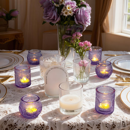 WELLIFE 24-Piece Purple Glass Votive Candle Holders Set – Tealight Candle Holder Glass Bulk with 12 Round & 12 Sunflower Textured Cups, Purple Votive Candle Holders for Weddings, Parties, Home