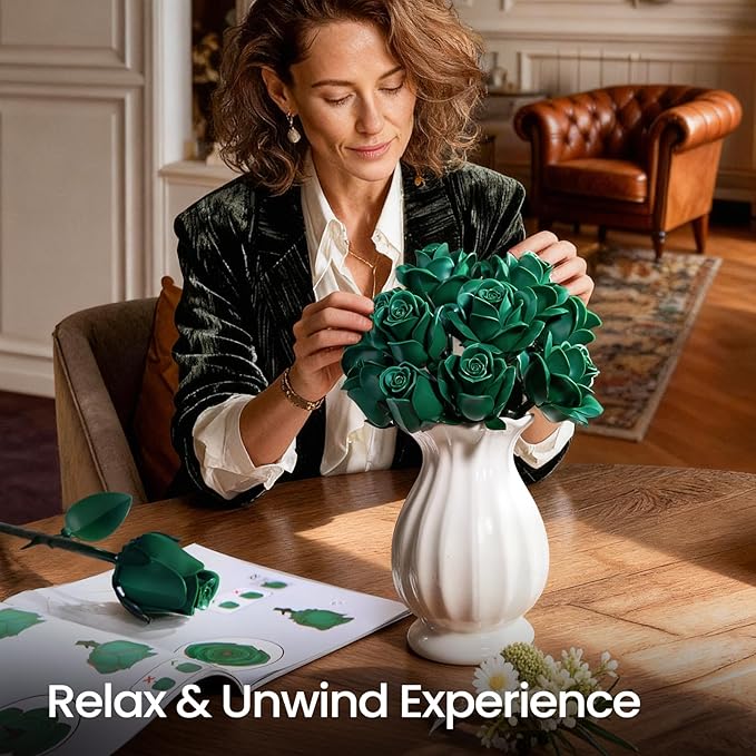 iATOM Green Rose Bouquet Building Set 12Pcs Fake Flowers Botanical Collection for Adult Valentine's Day Gift and Saint Patricks Day Decorations for Her/Girlfriend/Mom/Wife/Couple