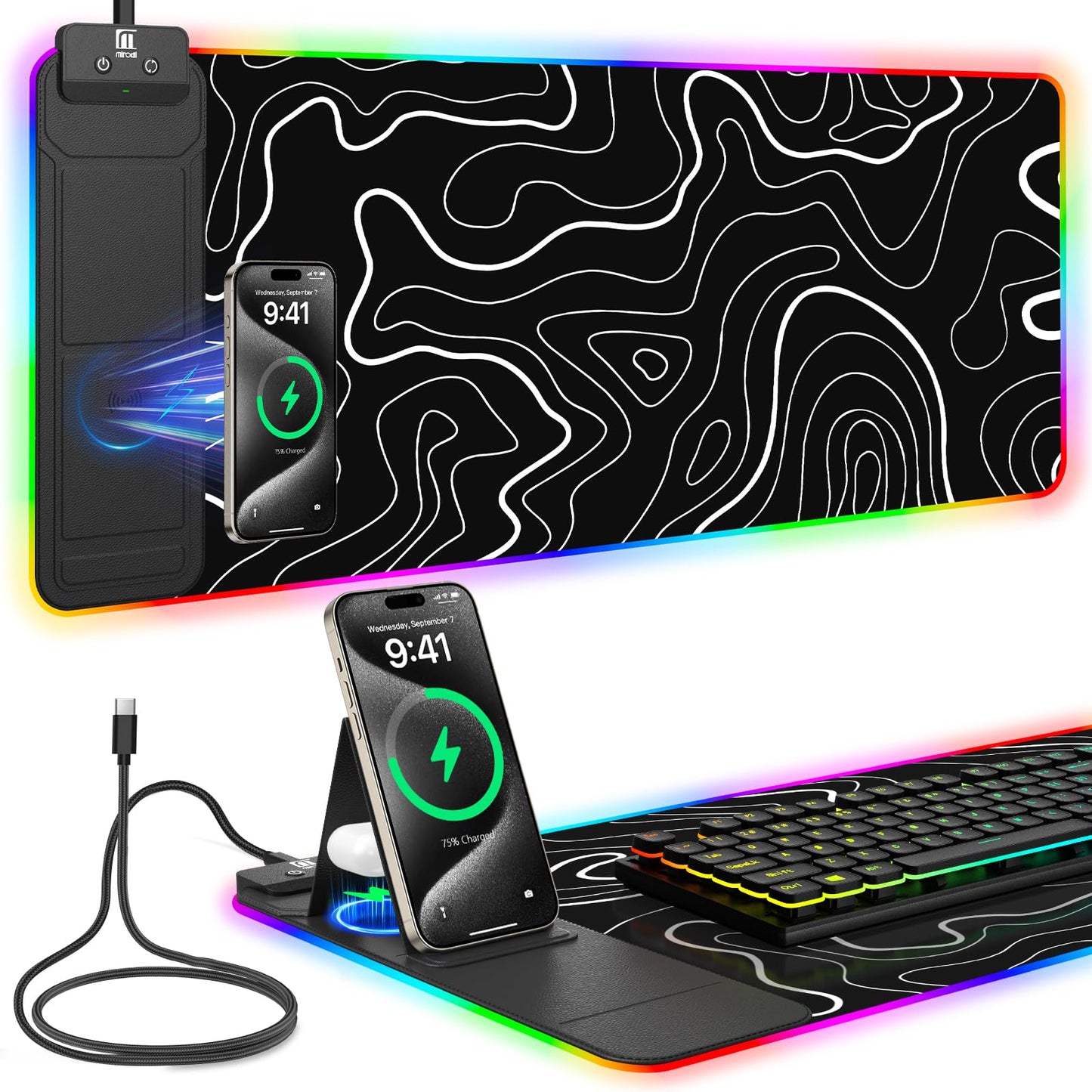 Mouse Pad with Wireless Charging, Large Desk Mat RGB Gaming Mousepad, 10 Light Colors LED Gaming Pad Keyboard Pad with Ultra-Smooth Surface & Non-Slip Rubber Base, Waterproof Full Desk Mouse Pad