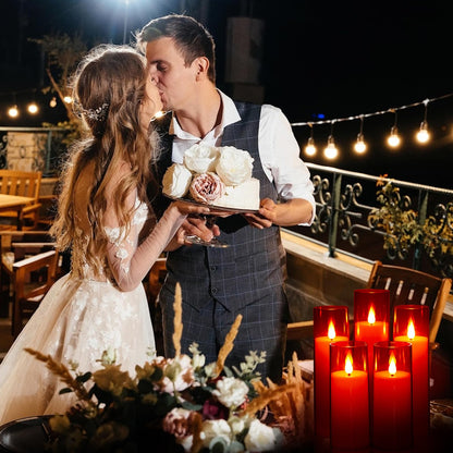 IMAGE Flickering Flameless Candles Battery Operated, Acrylic Shell Pillar 3D Wick LED Candles with 10-Key Remote Control Timer for Wedding Christmas Home Decor Set of 5 (D2.3 in X H5 5 7 7 8 in), Red