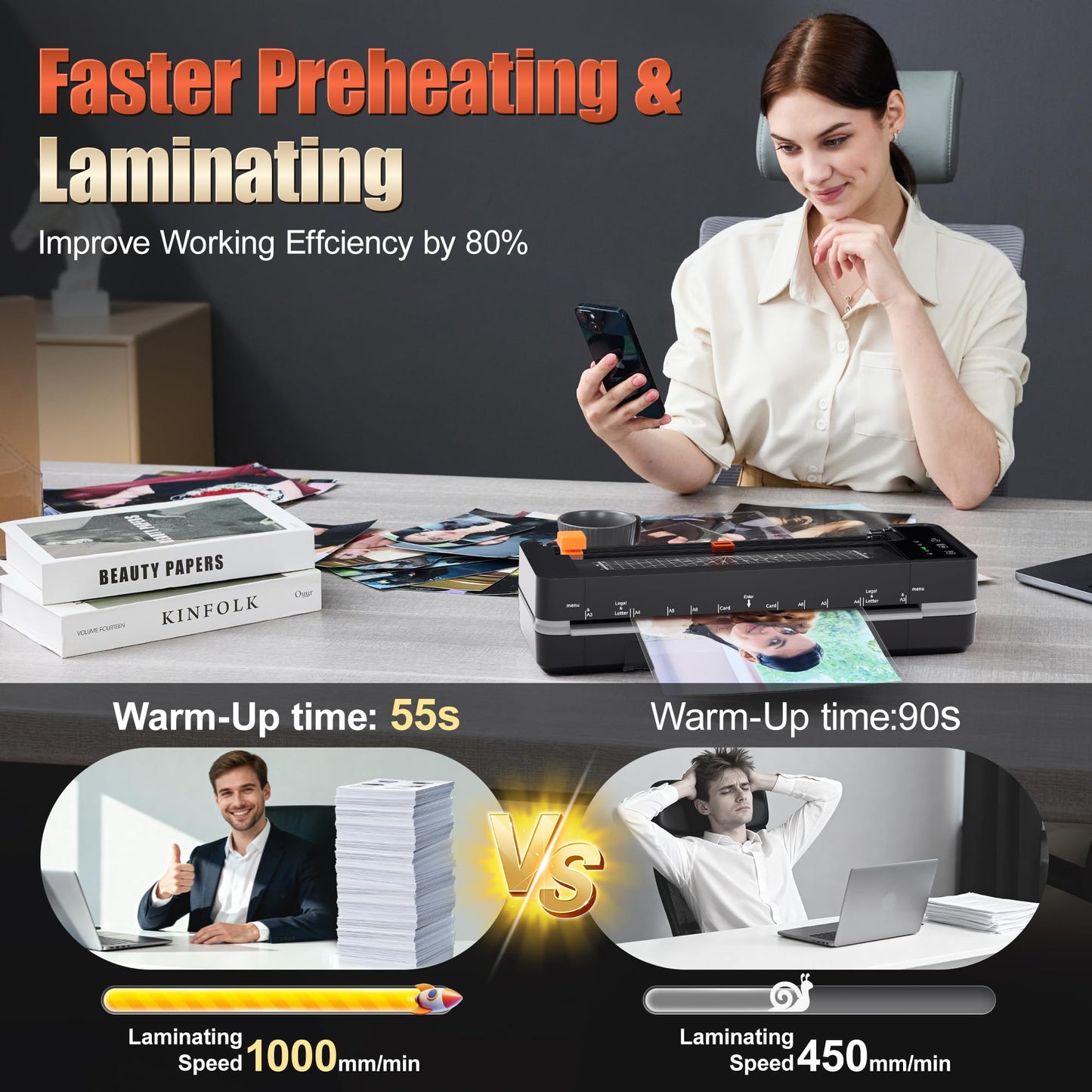 Commercial Laminator Machine 13 Inch 4-Roller, 55s Fast Warm-Up Never-Jam Lamination Machine, 3-10 Mil Thickness, Supports 11x17 & A3 Document Laminating, Includes 30 Laminating Sheets Black