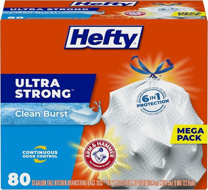 Hefty Ultra Strong 13 Gallon Trash Bags - Drawstring Closure & Odor Control | 80 Count, Clean Burst Scent