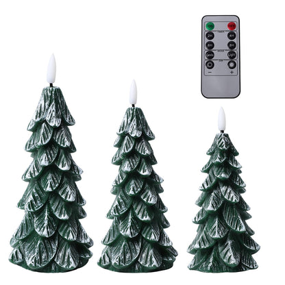 Peninpha 3Pcs Christmas Tree Candles with Remote Timer, Wax LED Flameless Candles Battery Operated with 3D Flickering Flame for Xmas Winter Décor,Green