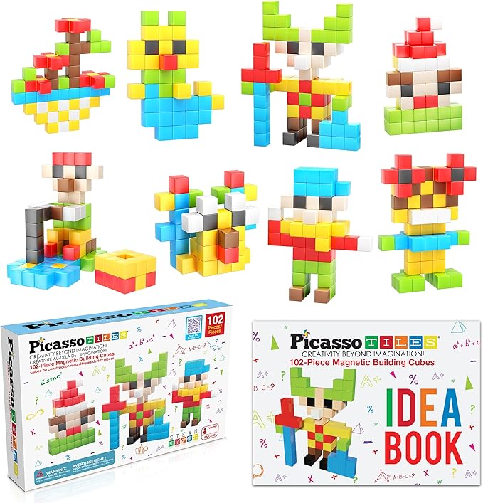 PicassoTiles 102pcs Pixel Magnetic Puzzle Cube 1” Pixel Mix &amp Match Toys with Ideabook STEM Education Learning Building Block Magnets Construction ToySet Stacking Creative Kit for Kids Age 3+ PMC1