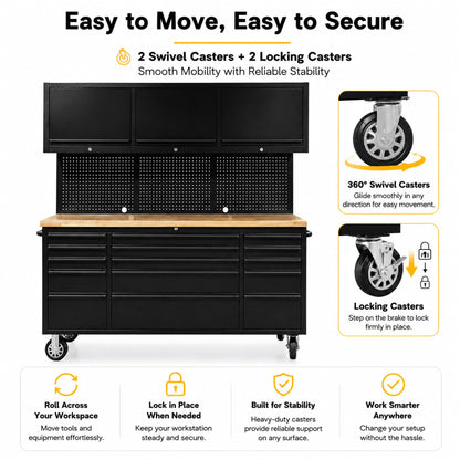 CHETTO C 72 inch Tool Chest Tool Box Mobile 15 Drawers Storage 3 Upper Cabinets SS-Pegboard Rolling Cabinet with Wheels Lock Key Locking System Drawer Liners for Garage Warehouse Repair Shop Black