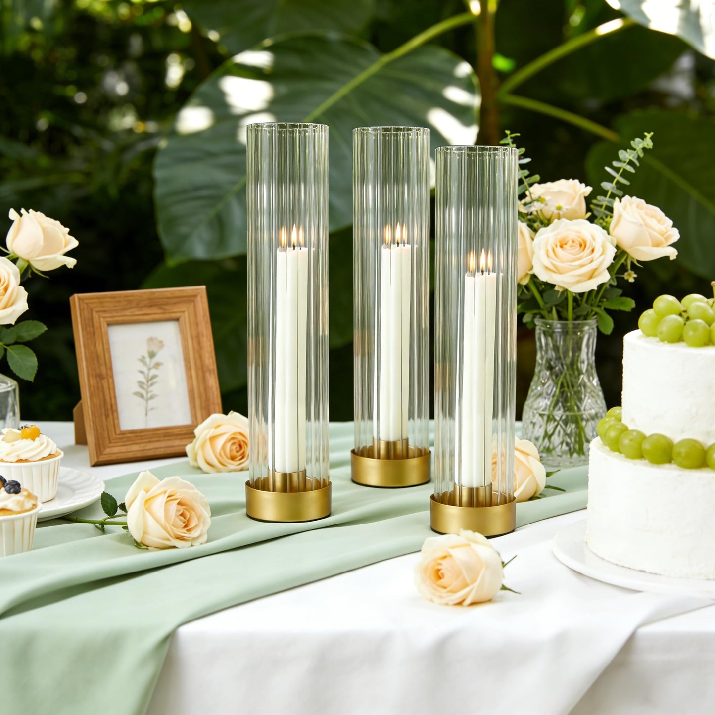 Hurricane Candle Holders Golden Taper Candle Sticks Holder, with 11" Thickened Glass Cylinder Covers Ribbed Candlesticks Holders Bulk Set of 4, Dining Table Centerpiece for Wedding