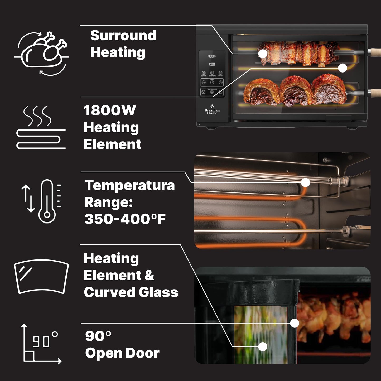 Electric Rotisserie Oven Brazilian Flame VOLTA | Vertical Countertop Grill with Auto-Rotating Skewers Shawarma Grill Machine Meat Kebab | Indoor Adjustable Temperature | 8lb Capacity | World Cup Grill