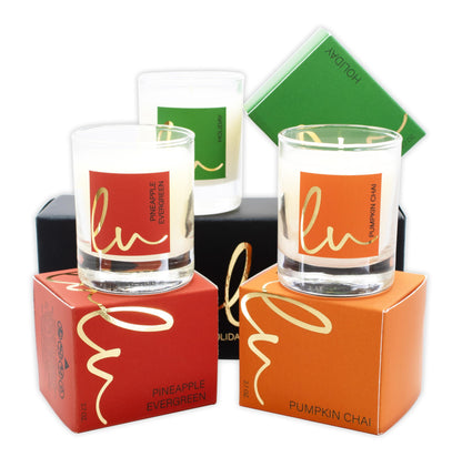 Lulu Candles | Holiday, Pineapple Evergreen, Pumpkin Chai | Luxury Scented Soy Jar Candle | Hand Poured in The USA | Highly Scented (Holiday Gift Set - 3 PC, 2.7 Oz. Votives)