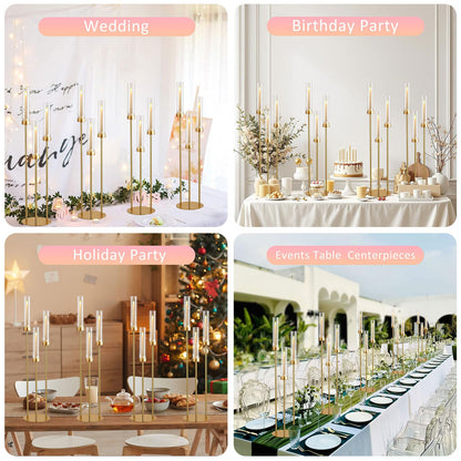 Vincidern 10pcs 3 Arm Candelabra, Gold Candle Holder Centerpieces for Table, 33.8'' Tall Candelabra with Acrylic Lampshade for Wedding Table Centerpiece, Birthday Party, Events Fit LED Taper Candles