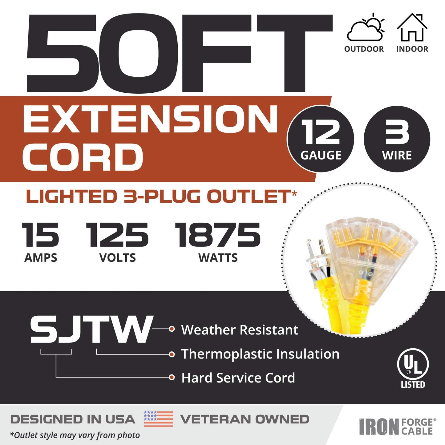 Iron Forge Cable 50 Ft Outdoor Extension Cord - 3 Outlets - 12/3 SJTW Heavy Duty Yellow 3 Prong, 15 AMP & 75 Ft Extension Cord Reel with 4 Electrical Outlets & Breaker Switch - 16/3 SJTW Orange Cable