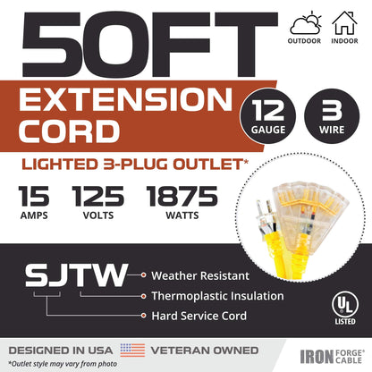 Iron Forge Cable 50 Ft Outdoor Extension Cord - 3 Outlets - 12/3 SJTW Heavy Duty Yellow 3 Prong, 15 AMP & 75 Ft Extension Cord Reel with 4 Electrical Outlets & Breaker Switch - 16/3 SJTW Orange Cable