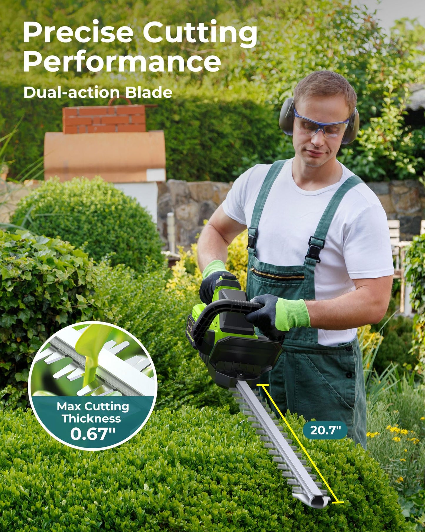 20'' Hedge Trimmers Cordless with 2pcs 4000mAh Battery, Brushless Electric Bush Clipper with Rechargeable Batteries, 3000RPM 180° Rotatable Head, 2/3'' Blade Gap Green,Gifts for Father’s Day