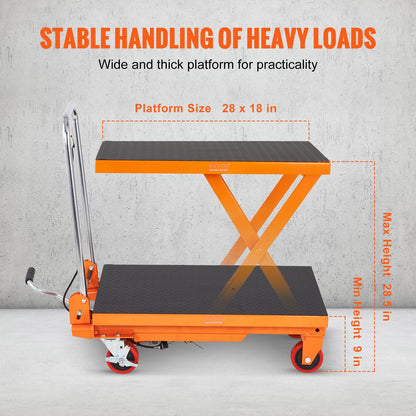 VEVOR TF15 Hydraulic Lift Table Cart, 330lbs Capacity 28.5" with 4 Wheels and Non-Slip Pad, for Material Handling and Transportation, Orange