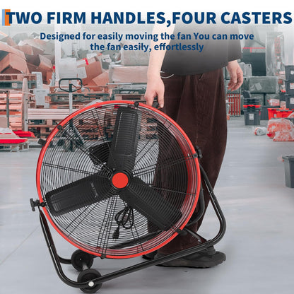 EliteEdge 24 in Industrial Floor Fan, Heavy Duty Industrial Floor Fan with Adjustable 3 Speed 4800-8800 CFM Cooling, for Industrial Commercial Space Garage, Metal Blades/360° Rotation,Red