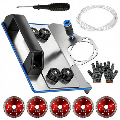 45 Degree Tile Chamfering Tool for 100-Type Angle Grinders, Universal Stand with 5 Diamond Saw Blades, Gloves, 39 Inch Hose, Screwdriver, Adapter Washers