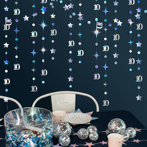 Iridescent 10th Birthday Decorations Number 10 Circle Dot Twinkle Star Garland Metallic Hanging Streamer Bunting Banner Backdrop for Girls Boys Ten Year Old Birthday 10th Anniversary Party Supplies