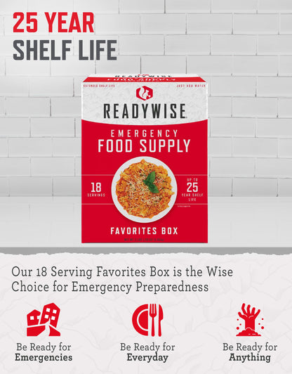 ReadyWise Emergency Food Supply - 18 Servings Favorites Box, Survival Food Kit with Freeze Dried Prepper Food & Dehydrated Meals, Camping Essentials for Backpacking & Hiking, up to 25 Year Shelf Life