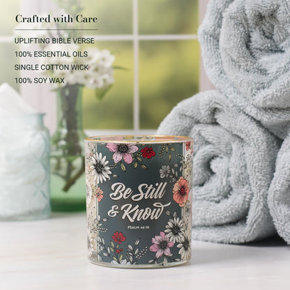 Christian Art Gifts Be Still & Know Scented Candle: Soy Wax, Pure Essential Oils, Calming Breeze Scent, Bible Verse, Floral Design Glass Jar, Encouragement Gift for Women, 40 Hours Burn Time