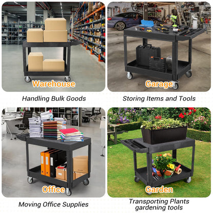 Large Heavy Duty Plastic Utility Service Cart Flat top 45.8 x 25 Inch, Work Cart Flat Shelves Holds up to 550 lbs - 2 Tier Service Cart with 360°Swivel Wheels (2 with Brakes) Black