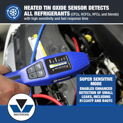 Mastercool 55900 Intellasense II Refrigerant Leak Detector – Heated Tin Oxide Sensor, Super Sensitive Mode, Certified for R134a and R1234yf, Compact Design with LED Display and Leak Vial