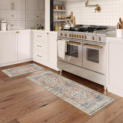 LEEVAN Kitchen Rug Set of 2, Washable Non Slip Kitchen Mat, Vintage Orange Runner Rug, Soft Standing Mat, 20''x31'+20''x47''