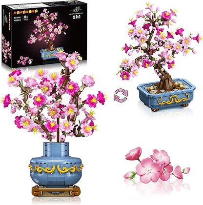 HOGOKIDS Flowers Cherry-Blossom Bonsai Building Set - 2 in 1 Artificial Bonsai Tree Plants for Home Decor &amp Display Cherry Botanical Building Blocks Birthday Easter Gift for Adults Teens (775PCS)