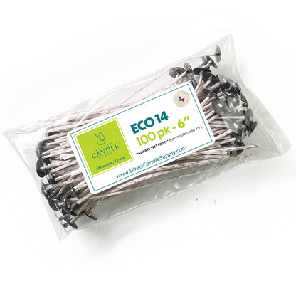 ECO 14 Wicks for Candle Making, 6 inch Pre-Waxed Wicks for Soy Candles with Base 100pk