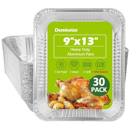 Demiwise Thickened 30 Pack Heavy Duty Aluminum Pans, 9x13 Aluminum Foil Pans Disposable, Half Size Steam Table Foil Baking Tray for Cooking, Baking, Roasting & Chafing, Carton Packaging