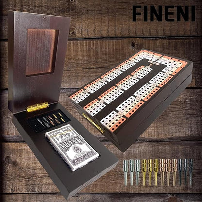 Foldable Cribbage Board Game Set Premium Wooden Foldable Board with Magnetic Lock 12 Metal Pegs Playing Cards with Travel Portable – Continuous 4 Track Board (Dark2)