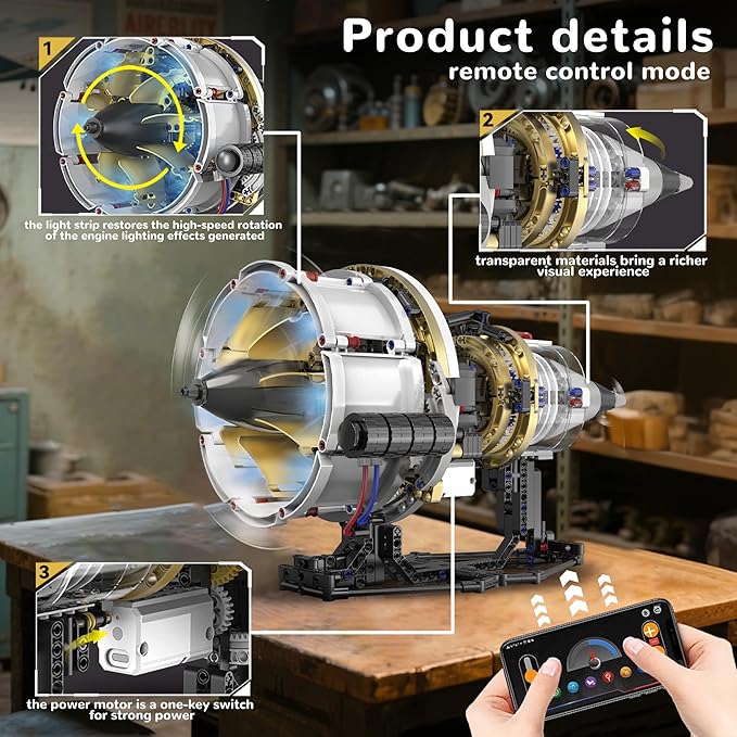 BrixVibe Aircraft Engine Building Set That Works Mini Turbojet Model Kit Technic with APP Control Light &amp Motor Collectible Mechanical Engineering for Boys 14+ Adults