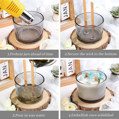 CONNOO 6-Pack 16 oz Candle Jars - 3-Wick Gray Empty Wide Mouth Glass Candle Jars Come with Bamboo Lids, Sticky Warning Labels, and a Candle Wick Kit for Candle Making - Dishwasher Safe