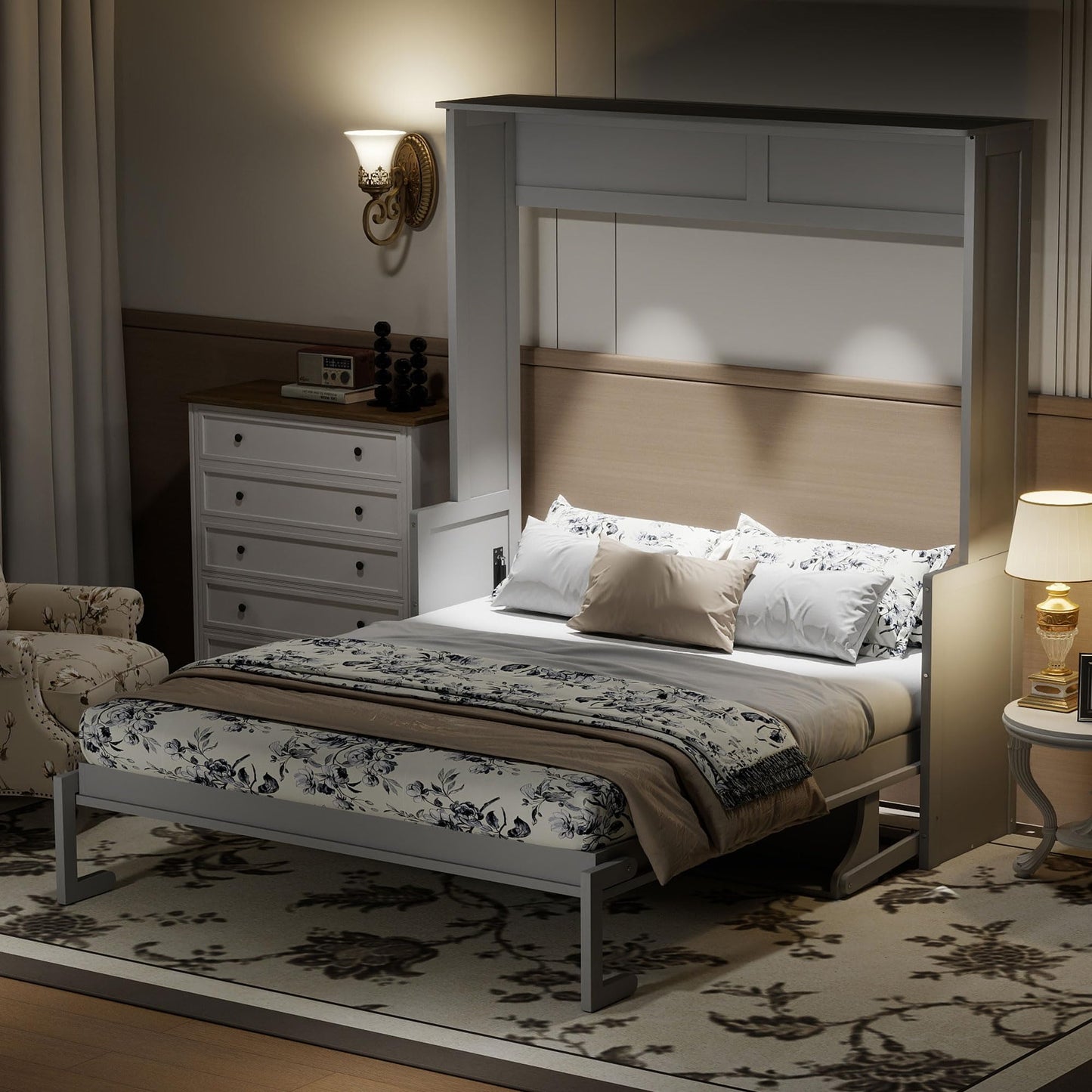 GDFStudio Queen Size Murphy Bed with Desk, LED Lights and USB Charging Ports, Wall-Mounted Space-Saving Bed, Solid MDF + Plywood, Foldable Design, Modern Home Office and Guest Room Solution, Gray