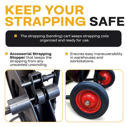IDL Packaging CA-505 Heavy-Duty Strapping Cart & Dispenser for Steel Strapping Coils with 16" x 3" Core Size - Advanced Roller Brake System - Built-in Tray for Strapping Tools, Seals, and Gloves