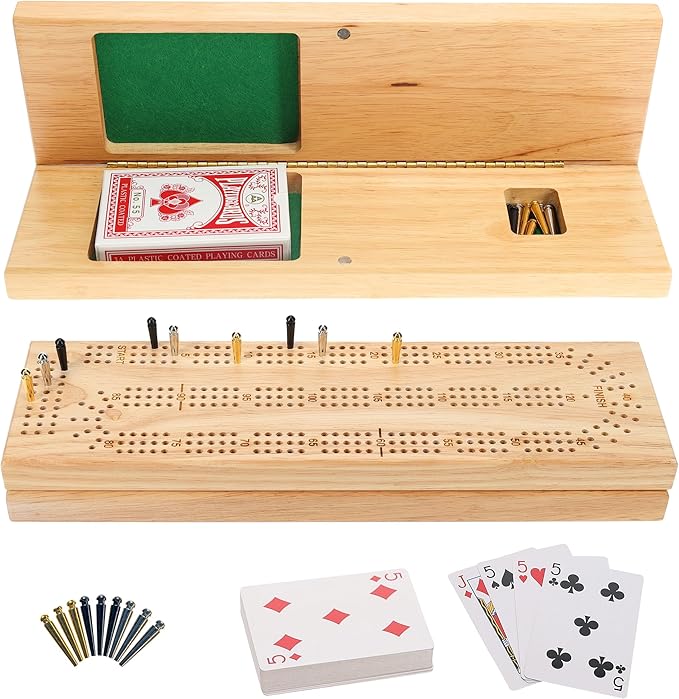 WE Games Wooden Cribbage Board Game Set Continuous 3 Track for 2-3 Players Travel Cribbage Board with Card Storage Includes 9 Metal Pegs &amp Deck of Cards Card Games Classic Board Games for Adu