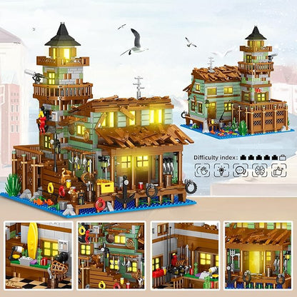 Fishing Village Store House Building Set with LED Light 1881 PCS Wood Cabin Mini Building Block STEM Architecture Toys Kit Birthday Gift for Adults Ages 8-12+ Years（Not Compatible with Set ）