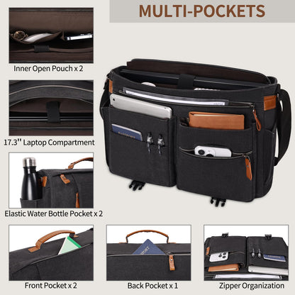 ESTARER Messenger Bag 17.3 Inch, Mens Computer Bag for Teacher/College/Work/Travel, Water-resistant Canvas Laptop Bag Satchel Briefcase, Dark Grey