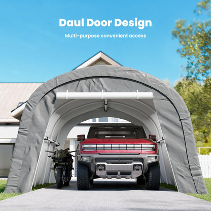 COSIEST 13'×20' Storage Shelter Outdoor Round Carport, Heavy-Duty Garage Canopy with Dual Roll-Up Doors Weatherproof PE Cover, Multi-Purpose Vehicle/Tractor Shed for Backyard/Driveway/Farm(Gray)