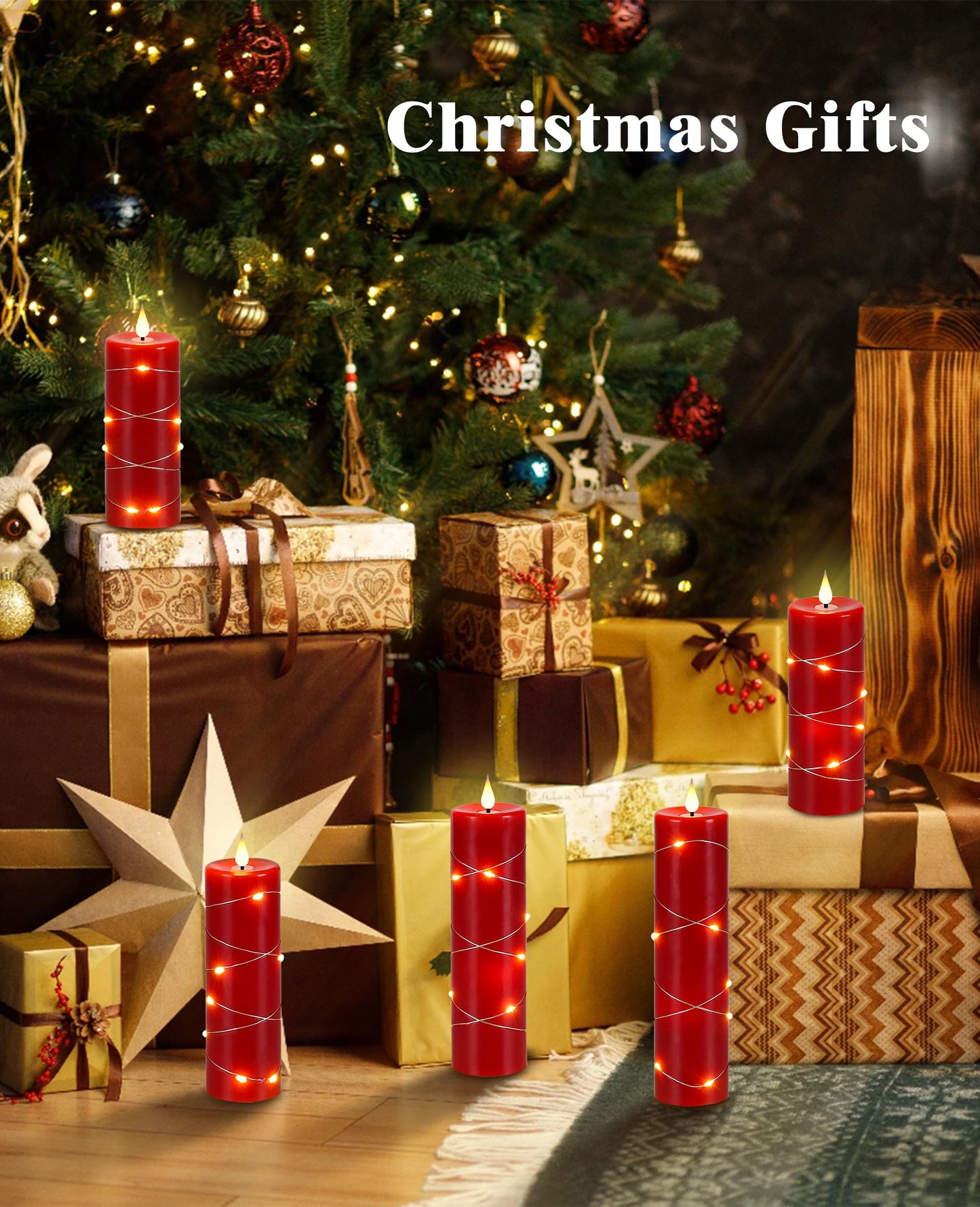 Upinmz Red Flameless Candle with Remote Control and Timer,Flickering Battery Operated Candles with String Lights,LED Pillar Candles,Set of 5