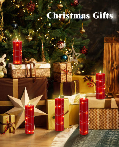 Upinmz Red Flameless Candle with Remote Control and Timer,Flickering Battery Operated Candles with String Lights,LED Pillar Candles,Set of 5