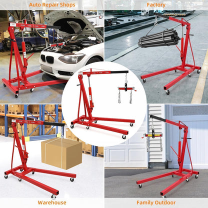 2 Ton Folding Hydraulic Engine Hoist Cherry Picker, 4400 Lbs Capacity, Adjustable Telescoping Boom, Heavy Duty Shop Crane with Load Leveler & 6 Swivel Wheels, for Garage Workshop Warehouse Automotive