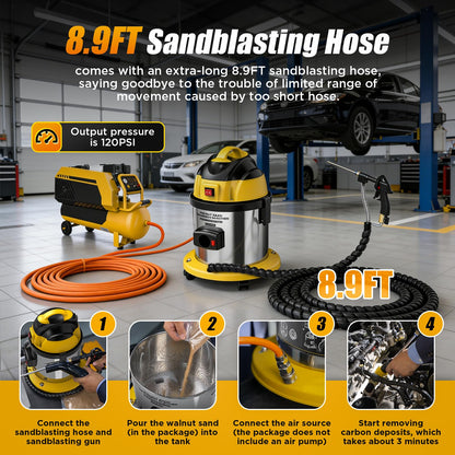 Walnut Blaster Kit for Carbon Cleaning with 2kg Walnut Sand Blaster Machine HTS558 Engine Intake Valve Cleaning Kit 1200W Automotive Engine Carbon Remover with 8.9Ft Sandblasting Hose,5 Adapters
