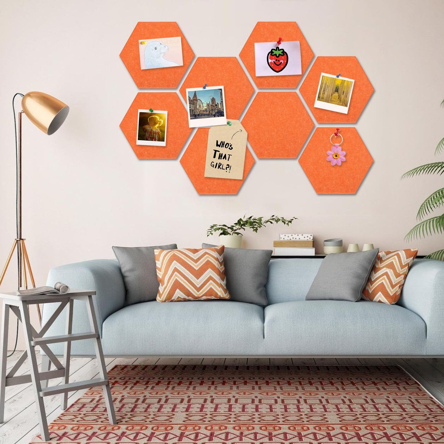 8 Packs Orange Hexagon Felt Pin Board, 12" Bulletin Board with 30 Push Pins, Felt Board for Home Kitchen Office Decor, Self-Adhesive Corkboard Tiles for Walls Classroom Message Photos Memos Display
